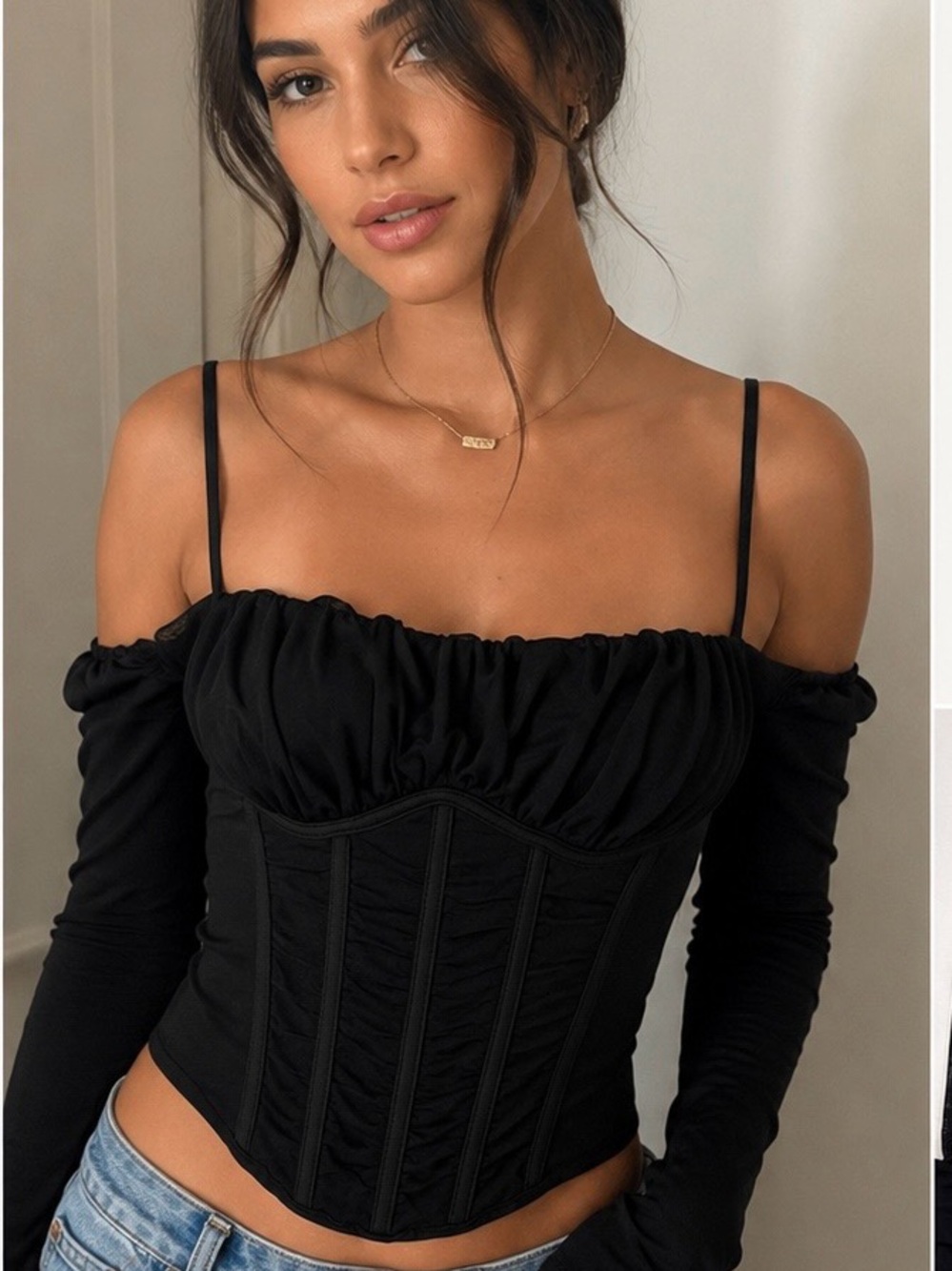 Marthea Black Off-Shoulder Corset Top with Removable Straps